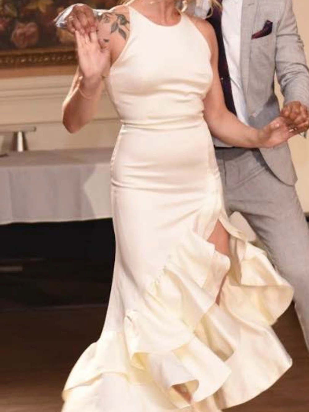 Bronx and Banco Paros Cream Halter Ruffle-Trim Wedding Dress